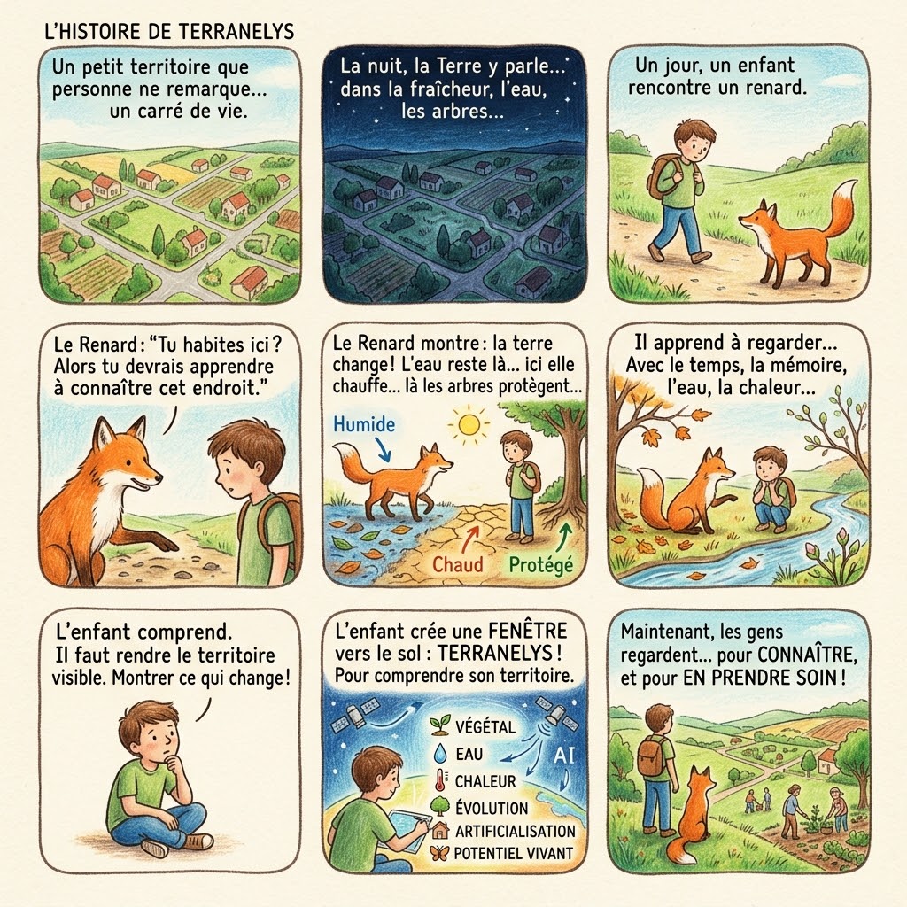 Bande dessinee en 9 cases : un enfant rencontre un renard qui lui apprend a lire les changements de son territoire, jusqu'a creer Terranelys pour les rendre visibles a tous.